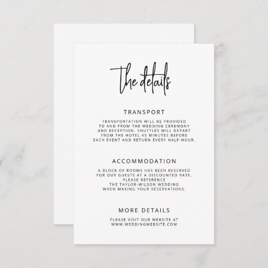 Moderne Hand belettering Script bruiloft details Informatiekaartje (Voorkant / Achterkant)