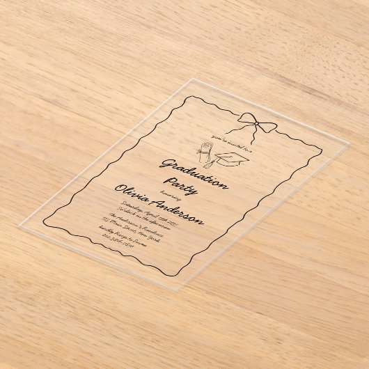 Moderne Hand-Drawn Bow & Squiggle Afstudeerfeest Acryl Uitnodigingen (Laagn)