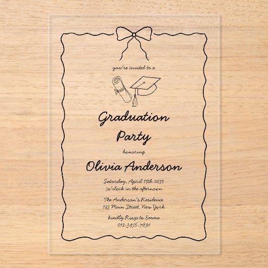 Moderne Hand-Drawn Bow & Squiggle Afstudeerfeest Acryl Uitnodigingen (Voorkant)
