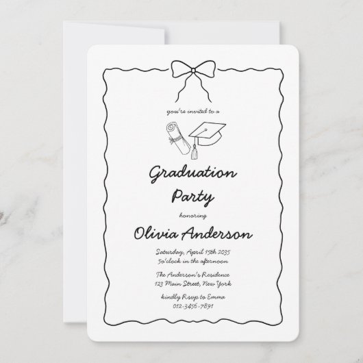 Moderne Hand-Drawn Bow Squiggle Graduation Party Kaart (Voorkant)
