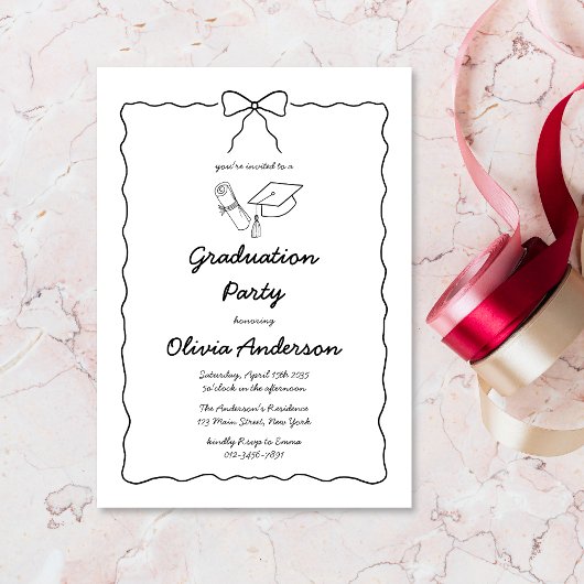 Moderne Hand-Drawn Bow Squiggle Graduation Party Kaart
