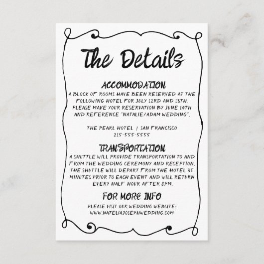 Moderne Hand geschreven Retro Lijst bruiloft detai Informatiekaartje (Voorkant)