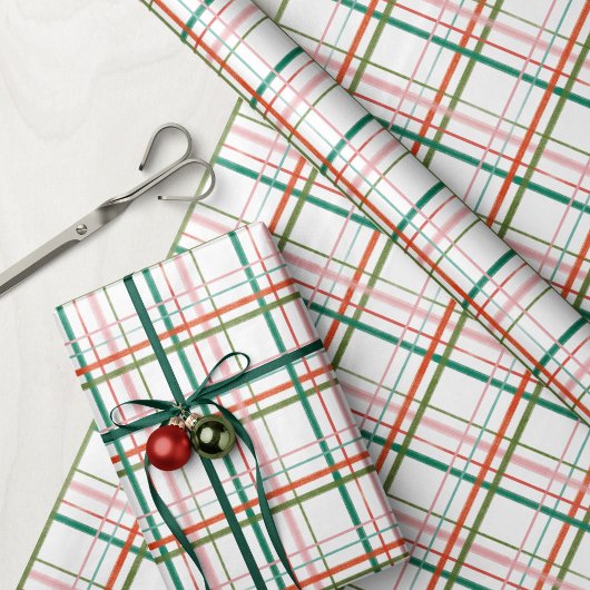 Moderne Hand getekend Roze, Rood, Groen Plaid Cadeaupapier