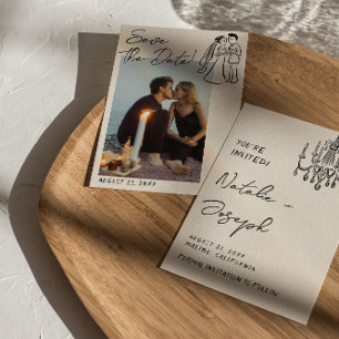 Moderne Hand Getekende Trouwfoto Van Echtpaar Leuk Save The Date