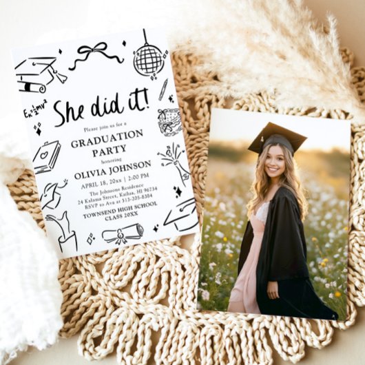 Moderne Hand Getekende Ze deed het Afstudeerfeest Kaart