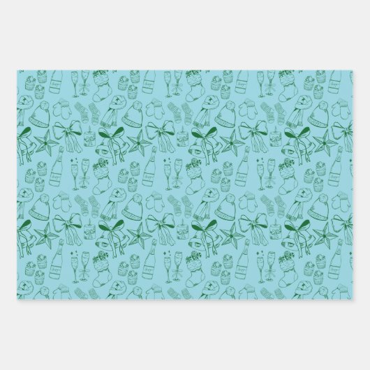 Moderne Hand Getrokken Blauw Groen Kerstfeest Inpakpapier Vel (Voorkant 3)