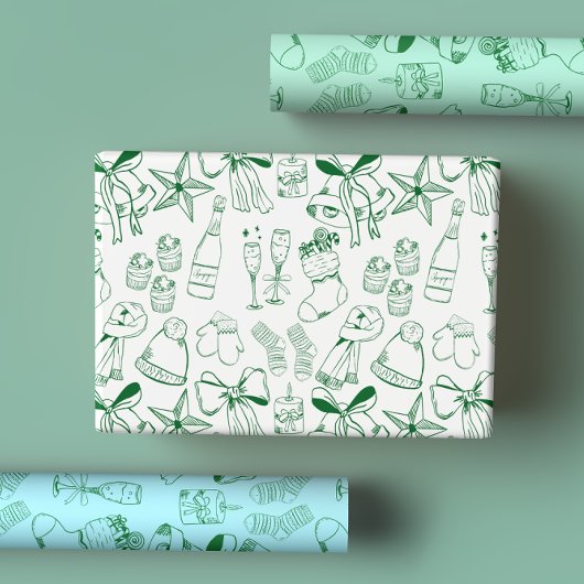 Moderne Hand Getrokken Blauw Groen Kerstfeest Inpakpapier Vel