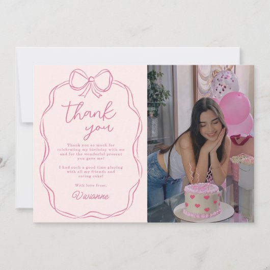 Moderne Hand Getrokken Bow Roze Meisje Verjaardags Bedankkaart (Voorkant)
