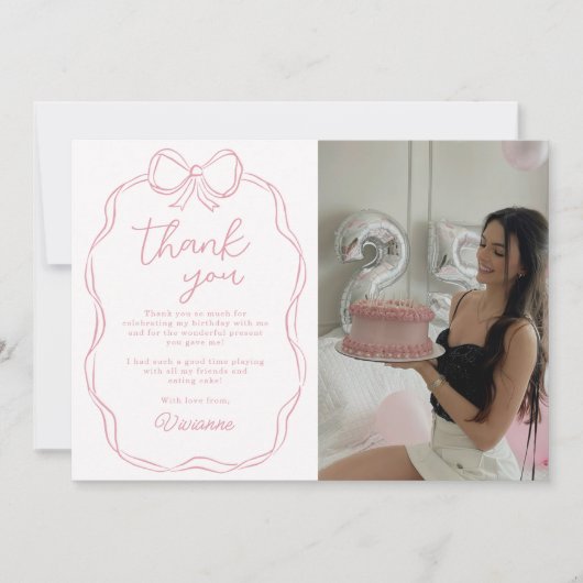 Moderne Hand Getrokken Bow Roze Meisje Verjaardags Bedankkaart (Voorkant)