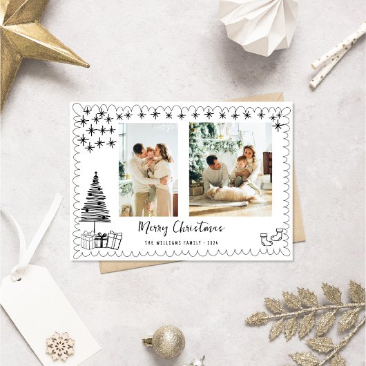 Moderne Hand getrokken Doodle Foto Vrolijk Kerstmi Feestdagenkaart