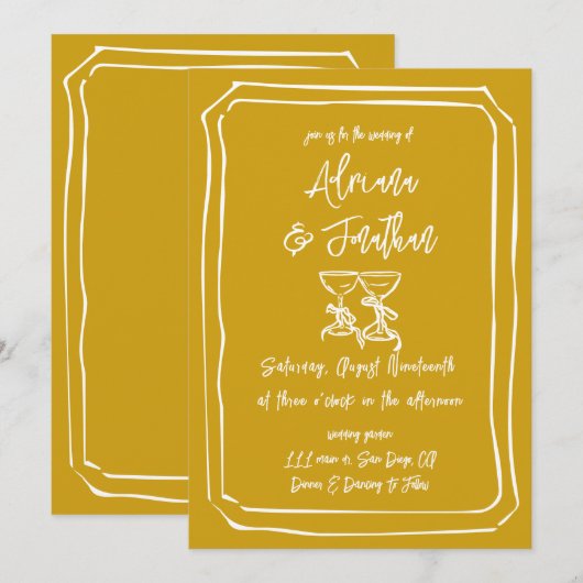 Moderne Hand Getrokken Mosterd Gele Huwelijk Kaart (Voorkant / Achterkant)