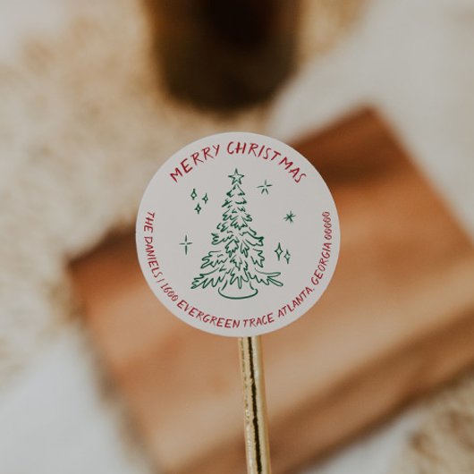 Moderne hand getrokken vakantie retour adres envel ronde sticker