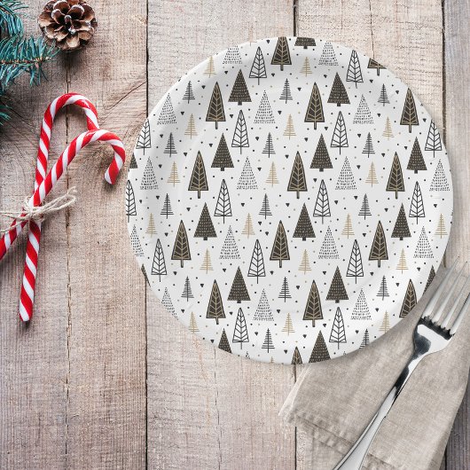 Moderne hand getrokken zwart gouden dennenbomen papieren bordje