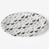 Moderne hand getrokken zwart gouden dennenbomen papieren bordje (Gekanteld)