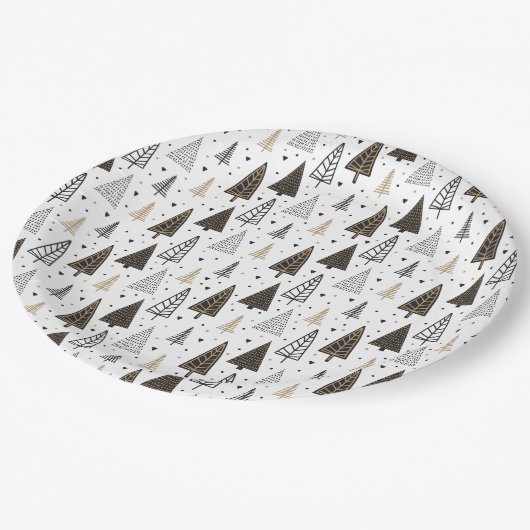 Moderne hand getrokken zwart gouden dennenbomen papieren bordje (Gekanteld)