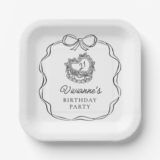 Moderne Hand Getrokken Zwarte Boog Meisje Verjaard Papieren Bordje (Voorkant)