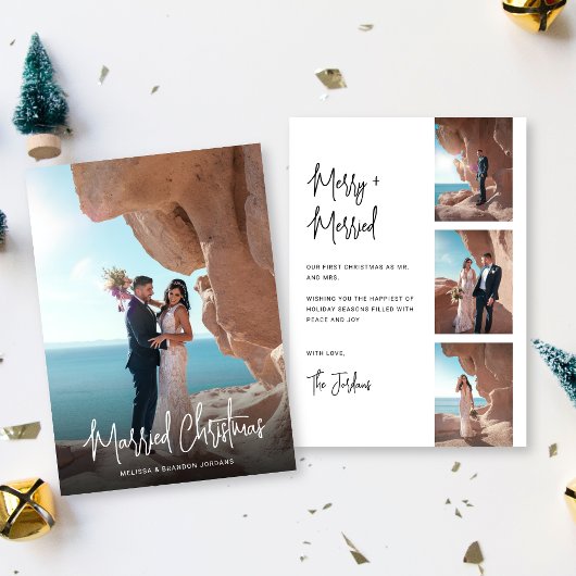 Moderne Hand-Lettered Married Christmas 4 foto's Feestdagenkaart