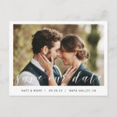 Moderne Hand Script Fotobruiloft Save Your Date Briefkaart (Voorkant)