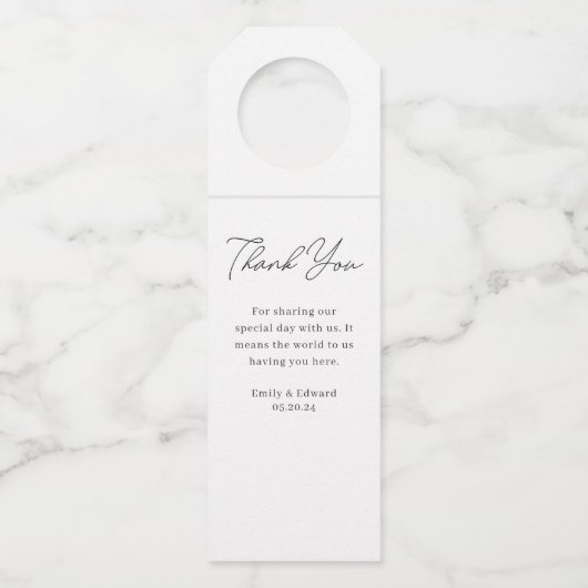 Moderne Hand Script Trouwwijn Flessenhanger (Voorkant)