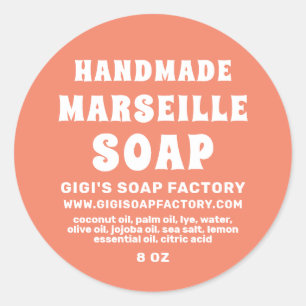 Moderne handgemaakte marseille zeep zalm roze ronde sticker