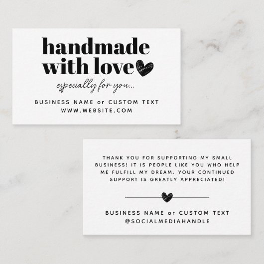 Moderne handgemaakte met liefde hart dank u aankoo visitekaartje (Voorkant / Achterkant)