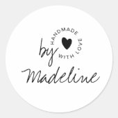 Moderne Handgemaakte met Liefde Script Hart Ronde Sticker (Voorkant)