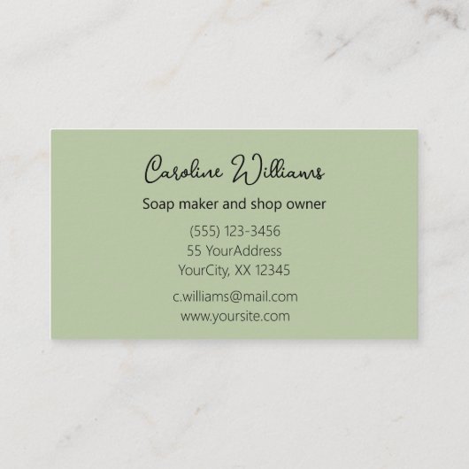 Moderne handgemaakte zeepwinkel soaper salie groen visitekaartje (Achterkant)