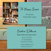 Moderne handgemaakte zeepwinkel zeep blauw-groen visitekaartje