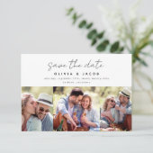 Moderne handgeschreven 3 fotobruiloft save the date (Staand voorkant)