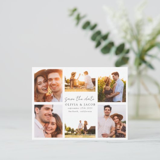 Moderne handgeschreven 6 fotobruiloft bewaart de d aankondigingskaart (Staand voorkant)