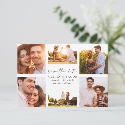 Moderne handgeschreven 6 fotobruiloft save the date (Staand voorkant)