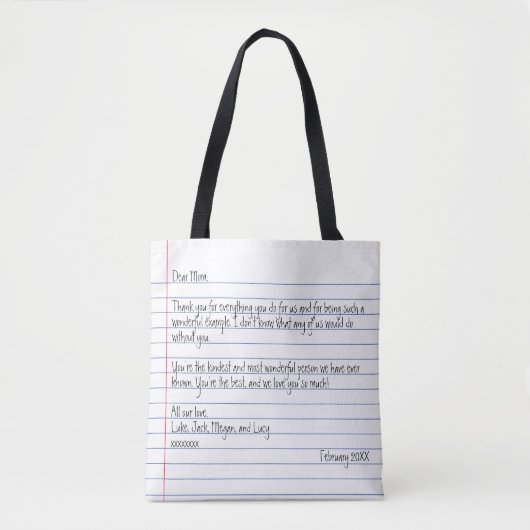 Moderne handgeschreven brief over notebook voor mo tote bag (Voorkant)
