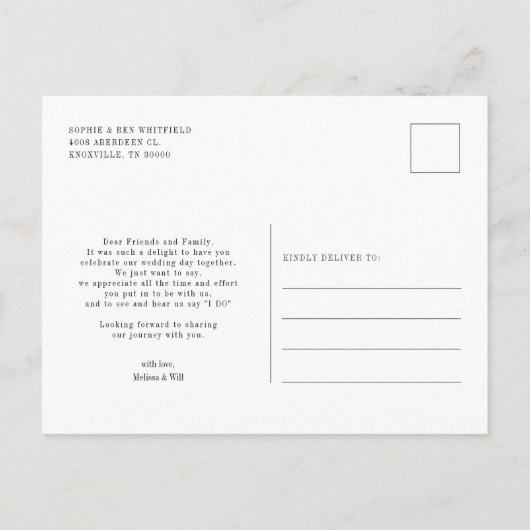 Moderne handgeschreven bruiloft bedankt briefkaart (Achterkant)