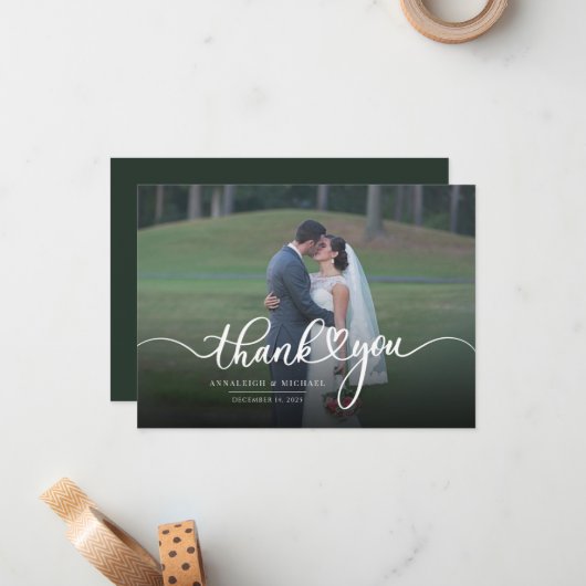 Moderne handgeschreven bruiloft Foto bedankt Notitiekaartje (Voorkant / Achterkant in situ)