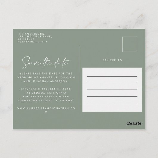 Moderne handgeschreven bruiloft groen briefkaart (Achterkant)