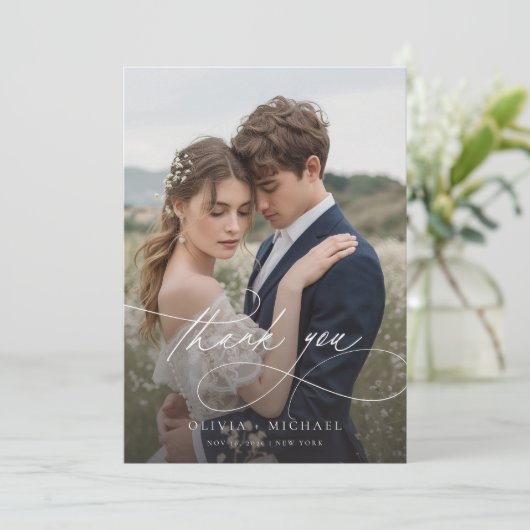 Moderne handgeschreven bruiloft voor script bedankkaart (Staand voorkant)