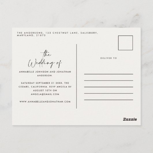 Moderne, handgeschreven budgetbruiloft briefkaart (Achterkant)