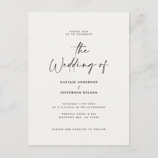 Moderne, handgeschreven budgetbruiloft briefkaart (Voorkant)