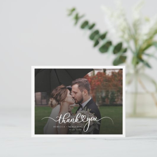 Moderne handgeschreven foto bruiloft Dank u Briefkaart (Staand voorkant)
