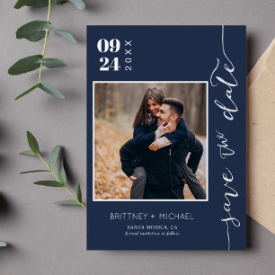 Moderne, handgeschreven foto opslaan Datum blauw Save The Date
