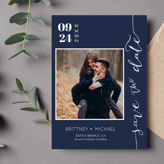 Moderne, handgeschreven foto opslaan Datum blauw Save The Date