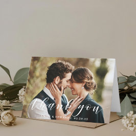 Moderne handgeschreven gevouwen trouwfoto bedankkaart