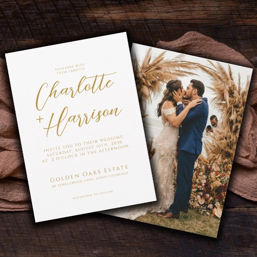 Moderne handgeschreven gouden script foto bruiloft kaart