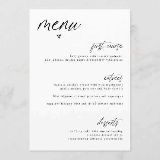 Moderne Handgeschreven Hart Eenvoudige Trouwmenu Menu (Voorkant)