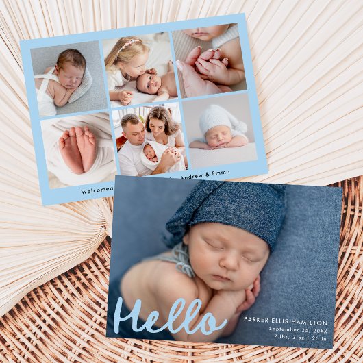 Moderne handgeschreven Hello Blauwe Foto Collage G Aankondiging