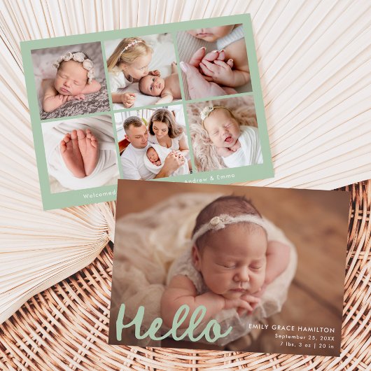 Moderne handgeschreven Hello Mint Foto Collage Geb Aankondiging