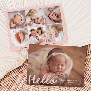 Moderne handgeschreven Hello Roze Fotocollage Gebo Aankondiging