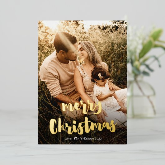 Moderne, handgeschreven, kerstfoto Gold Folie Feestdagenkaart (Staand Voorkant)