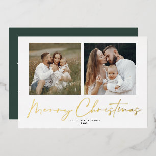 Moderne handgeschreven kerstkaart met 2 foto's folie feestdagenkaart