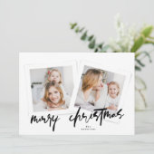 Moderne handgeschreven Merry Christmas Multi Photo Feestdagenkaart (Staand voorkant)